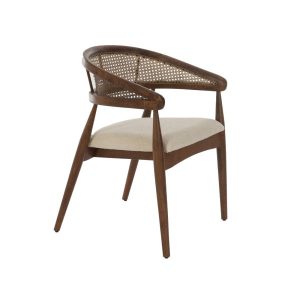 Maya Καφέ Ξύλινη Πολυθρόνα με Ψάθα και Μπεζ Μπουκλέ Ύφασμα